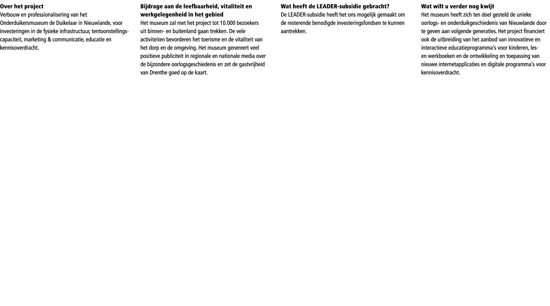 Over het project Verbouw en professionalisering van het Onderduikersmuseum de Duikelaar in Nieuwlande, voor investeri...