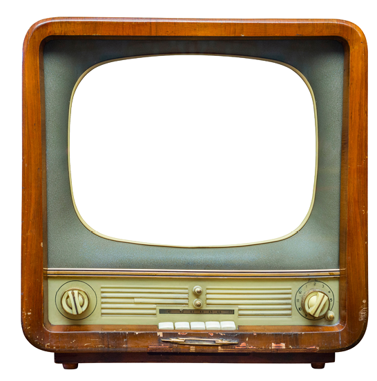 Vintage television with cut out screen for mock up isolated on white background. Retro tv with wooden case.