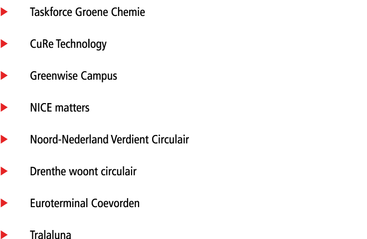 � Taskforce Groene Chemie � CuRe Technology � Greenwise Campus � NICE matters � Noord-Nederland Verdient Circulair � ...
