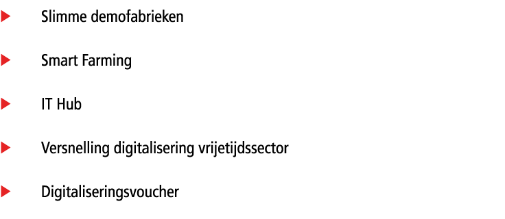 � Slimme demofabrieken � Smart Farming � IT Hub � Versnelling digitalisering vrijetijdssector � Digitaliseringsvoucher 