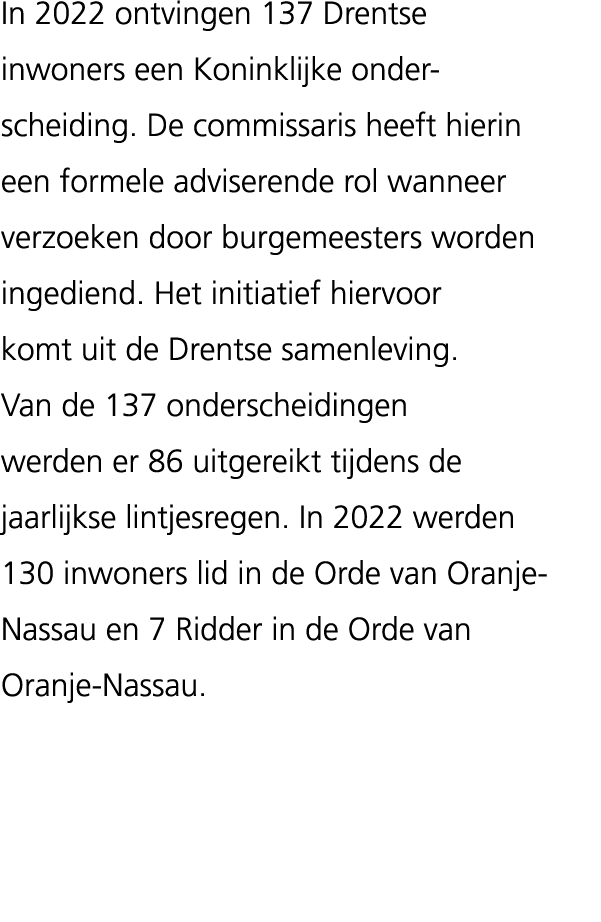 In 2022 ontvingen 137 Drentse inwoners een Koninklijke onder­scheiding. De commissaris heeft hierin een formele ­advi...
